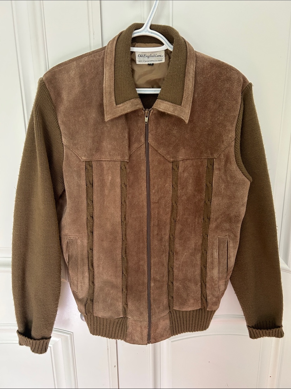 Old English Lane - Brown Suede & Knit Zip Jacket with Cable Detail